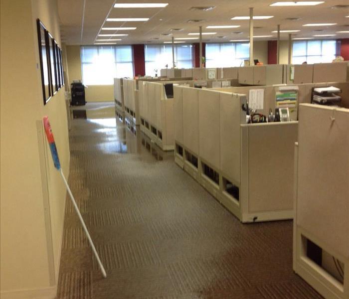 an office space with wet carpet