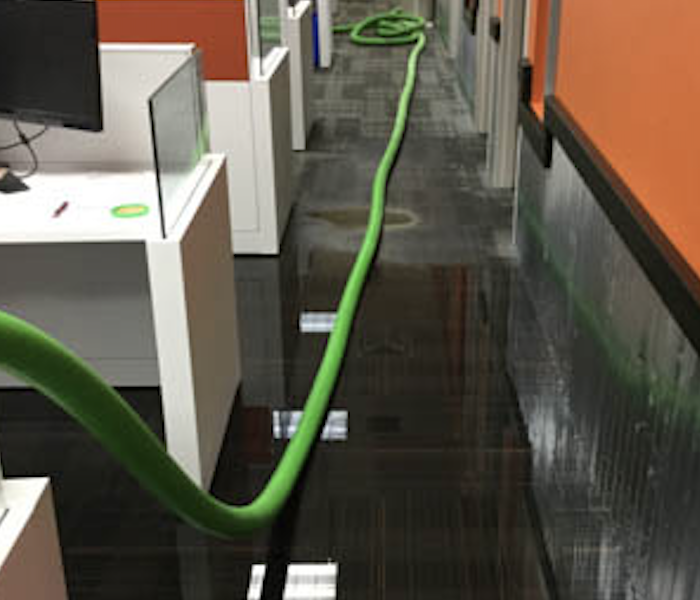 water pooled on the floor of an office